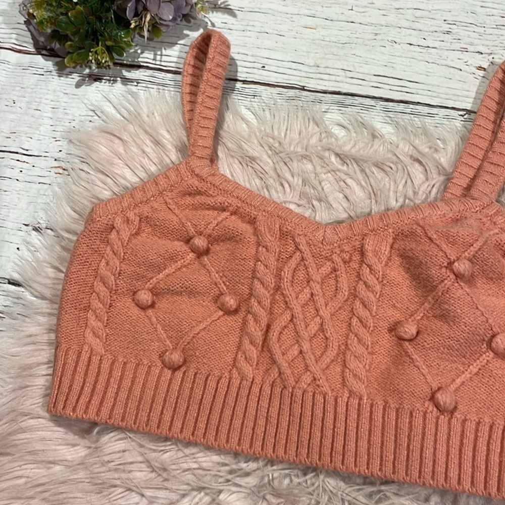 For Love & Lemons Pink Cable-Knit Pom Crop Tank Top - Picture 6 of 8